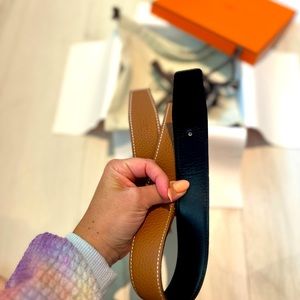 Hermes reversible 32 mm leather belt strap - gold/noir -120cm